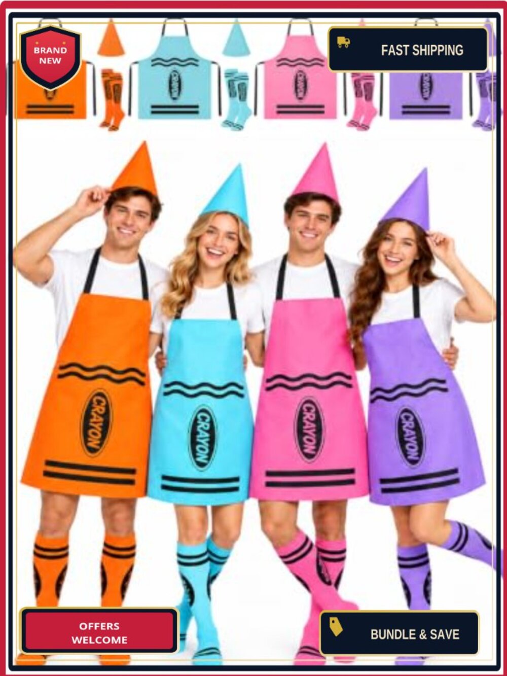 Crayon Costume Set 4 Person Hats Aprons Socks Adult Group Halloween